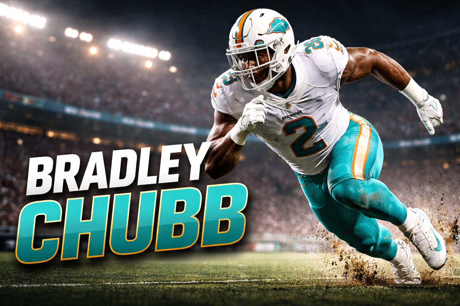 Bradley Chubb rushing the quarterback during an NFL game in Miami Dolphins uniform under stadium lights, showcasing his strength, speed, and aggressive defensive style.