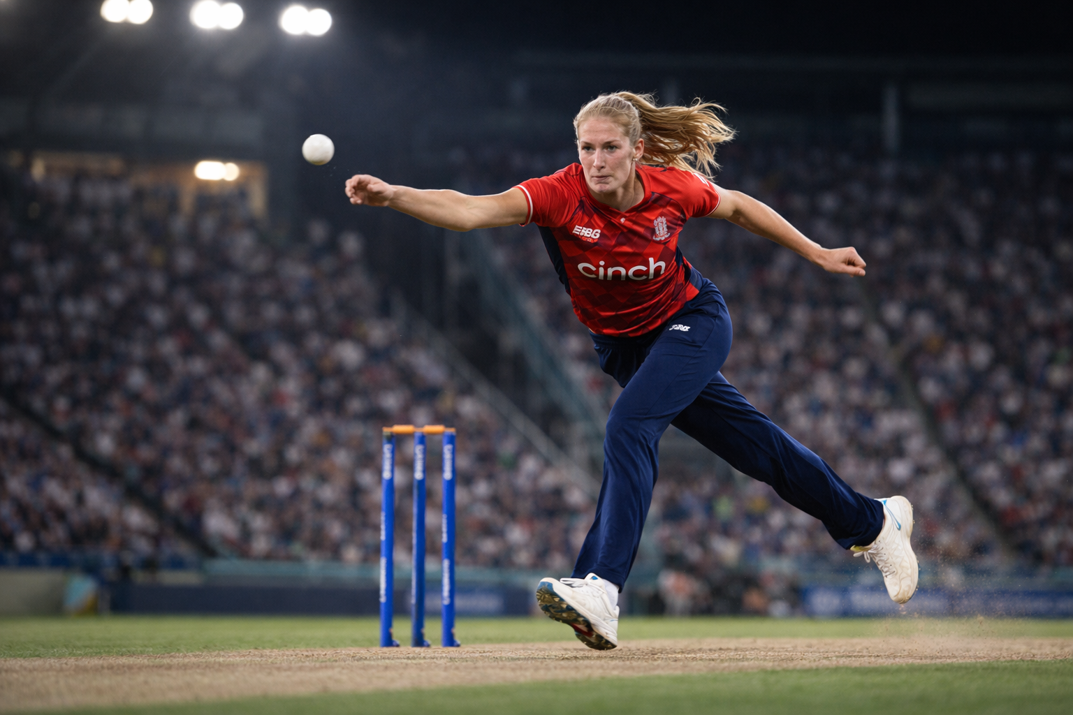 Lauren Bell bowling at full pace during an international women’s cricket match, showcasing her height, athletic stride, and fast-bowling action under stadium lights