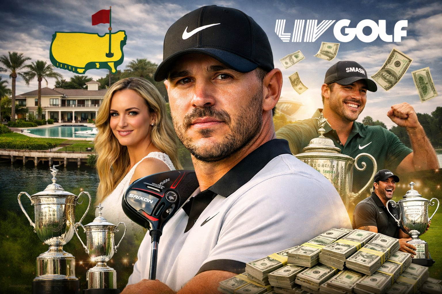 Brooks Koepka with major trophies, LIV Golf branding, wife Jena Sims and luxury lifestyle background