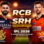 RCB vs SRH IPL 2026 opening match graphic featuring Virat Kohli and Aiden Markram with stadium lights and fireworks.