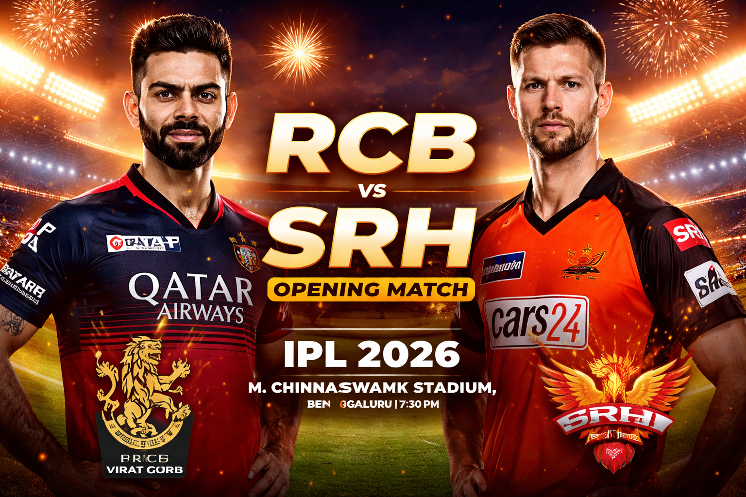 RCB vs SRH IPL 2026 opening match graphic featuring Virat Kohli and Aiden Markram with stadium lights and fireworks.