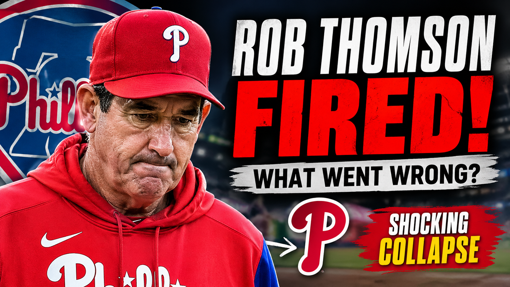 Rob Thomson fired: Rob Thomson looking disappointed after Phillies collapse with bold text “Fired” and “What Went Wrong” in dramatic YouTube thumbnail style