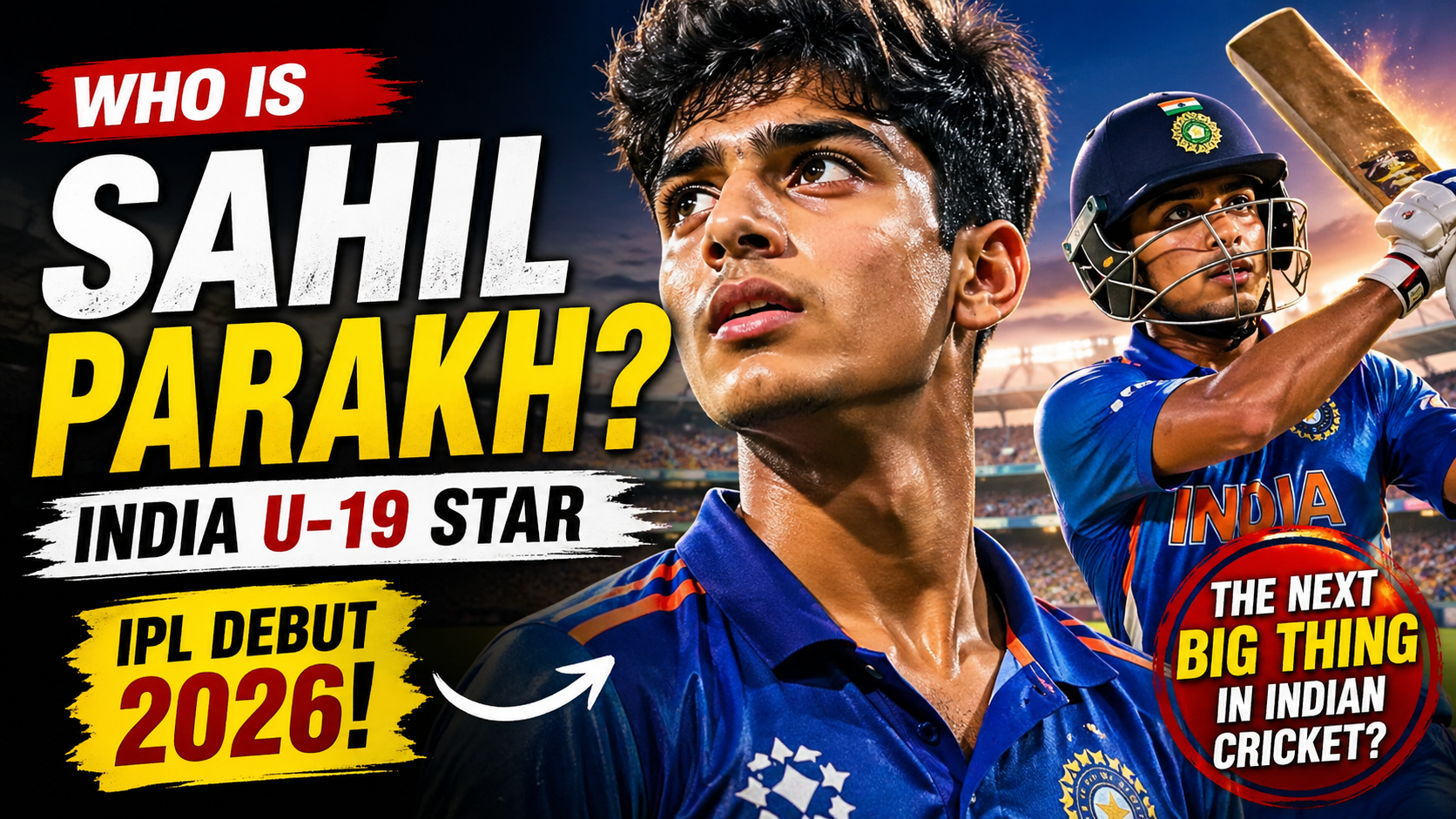 Sahil Parakh India U19 cricketer playing aggressive shot in IPL 2026 debut match