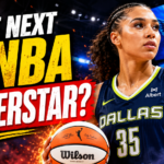 Azzi Fudd in Dallas Wings jersey holding basketball during dramatic WNBA-themed sports thumbnail shoot.