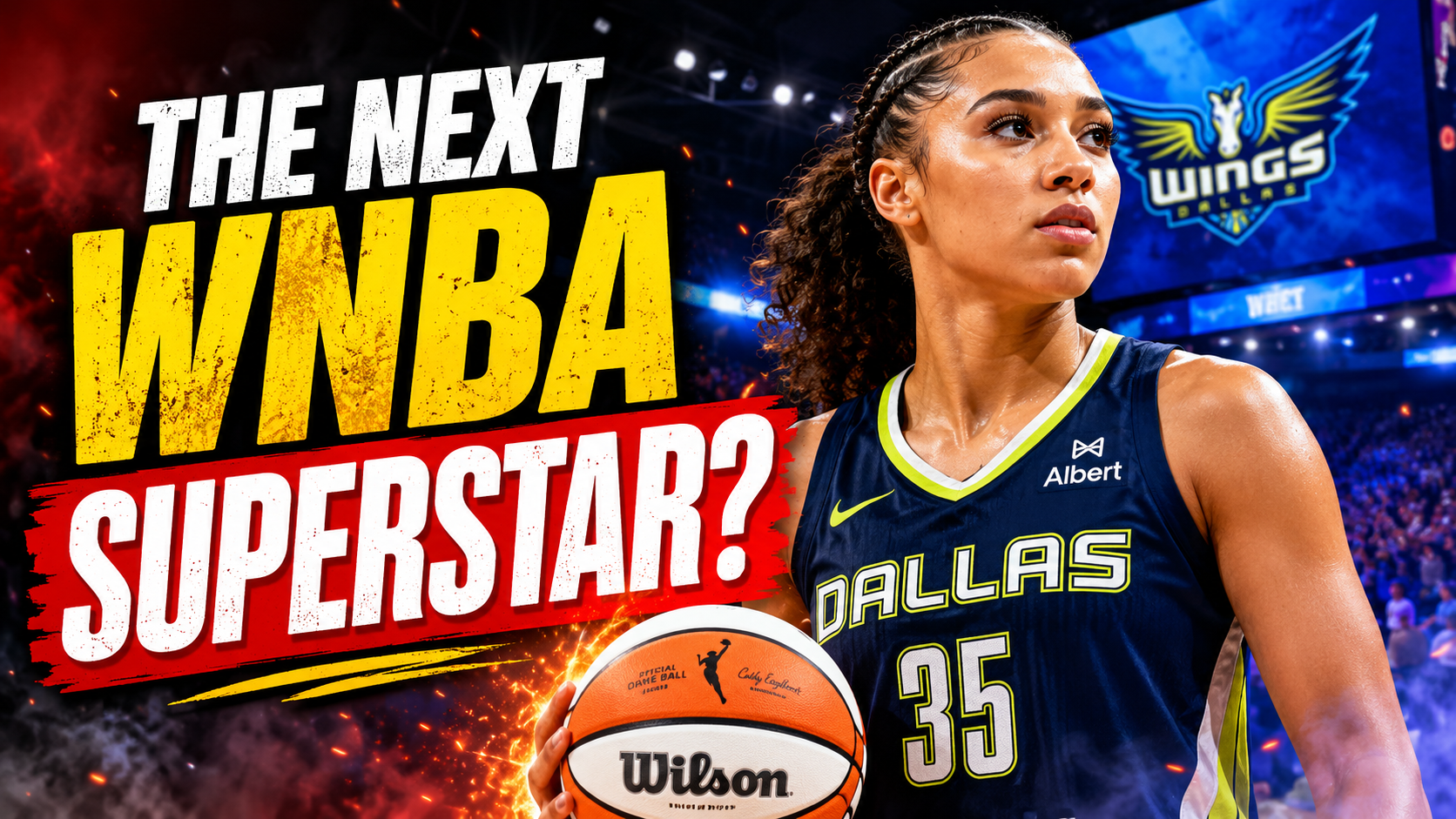 Azzi Fudd in Dallas Wings jersey holding basketball during dramatic WNBA-themed sports thumbnail shoot.