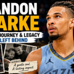 Brandon Clarke Family NBA player Brandon Clarke featuring a close-up portrait, Gonzaga and Memphis Grizzlies imagery, emotional legacy text, and a memorial-style design highlighting his life, journey, and impact on basketball.