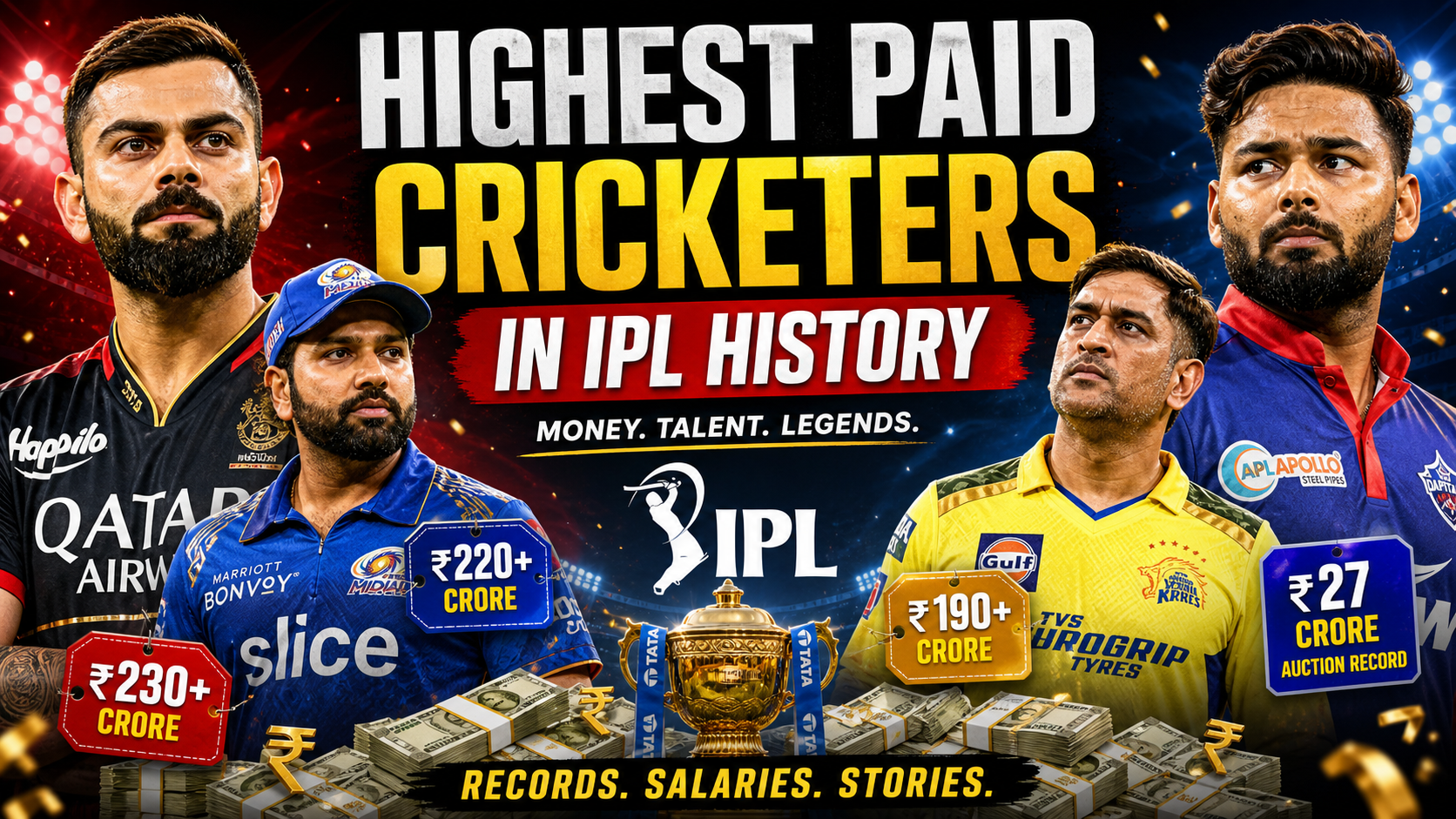 Highest paid cricketers in IPL history featuring Virat Kohli, Rohit Sharma, MS Dhoni and Rishabh Pant with record IPL salaries and auction values