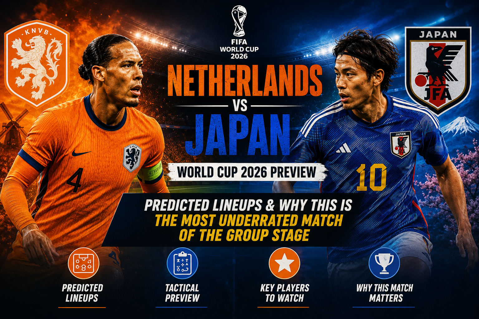 Netherlands vs Japan World Cup 2026 preview featuring Virgil van Dijk and Takefusa Kubo ahead of their crucial Group F encounter.